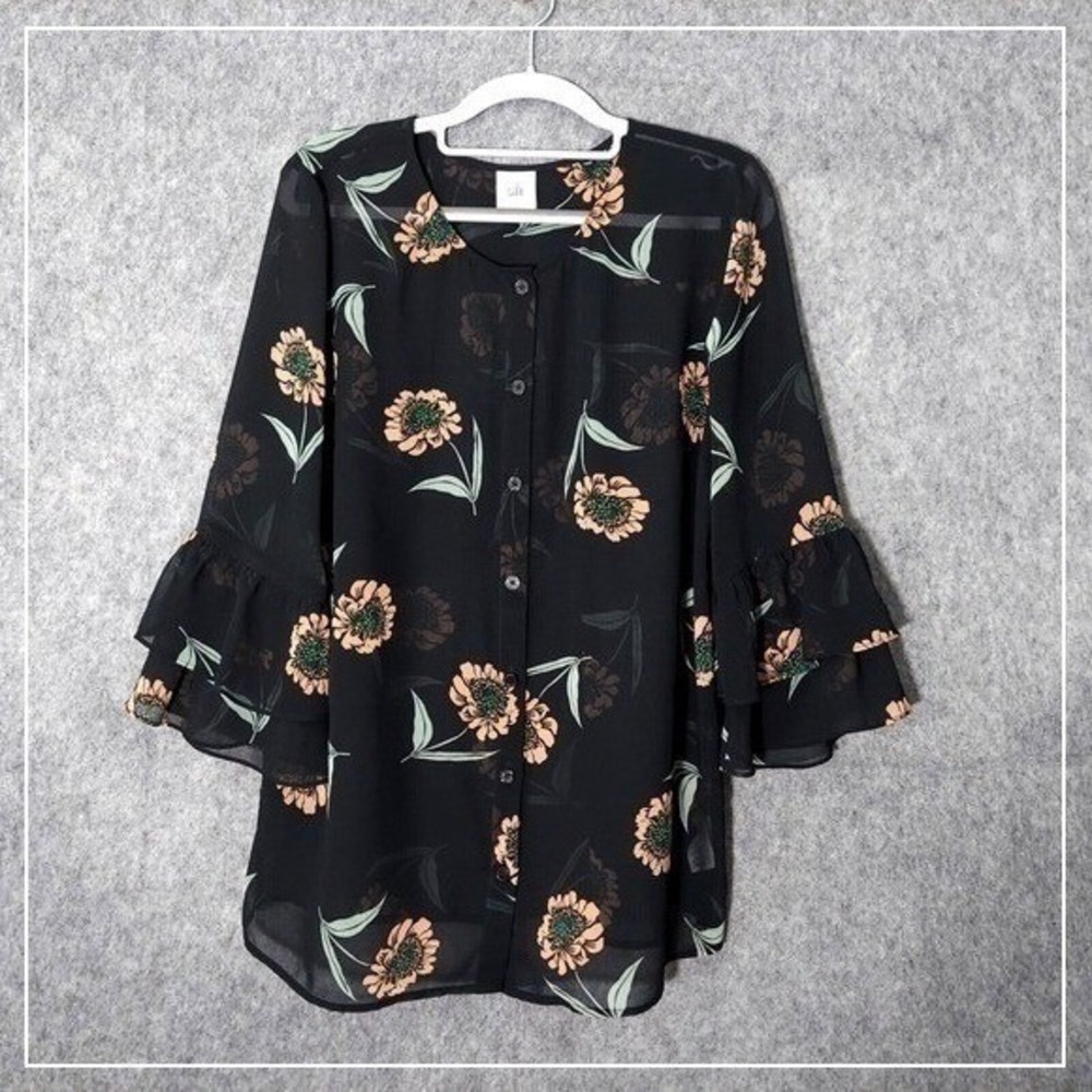 Cabi Tunic S Black Cottagecore Floral Chiffon Ruffle Bell Sleeve Button Blouse‎